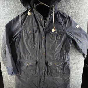 Barbour Winterton Wax Jacket Women Blue Full Zip Hooded Size 12 USA Long Adult